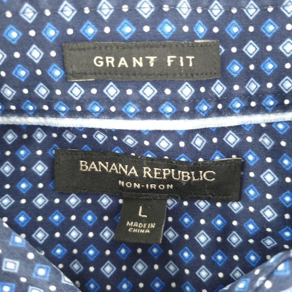 Banana Republic Dress Shirt Mens Large Blue Geometric Slim Fit Non Iron Cotton